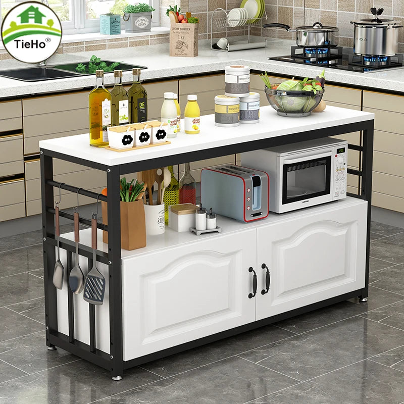 TieHo-Kitchen Storage Cabinet with Door, Floor Storage Shelves for Microwave Oven, Kitchen Accessories Organizer, Wooden Rack