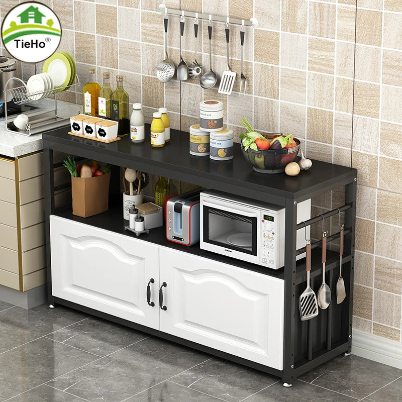 TieHo-Kitchen Storage Cabinet with Door, Floor Storage Shelves for Microwave Oven, Kitchen Accessories Organizer, Wooden Rack