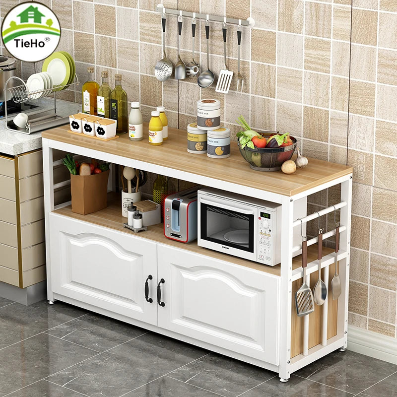 TieHo-Kitchen Storage Cabinet with Door, Floor Storage Shelves for Microwave Oven, Kitchen Accessories Organizer, Wooden Rack