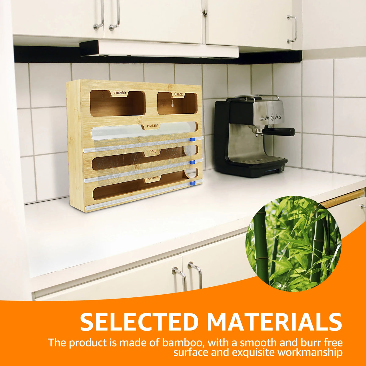5 in 1 Plastic Wrap Dispenser Cling Film Box Cutter Kitchen Food Bamboo Fresh Bag Aluminum Foil Film Dispenser Storage Holder