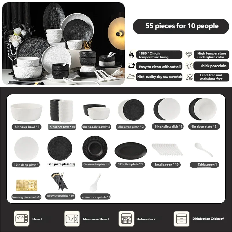 Tableware Set Black And White Rock Slab 8/16/34/55pcs Ceramics Dish Sets Full Set Luxury Dinnerware Set For 2/4/6/8/10 Persons
