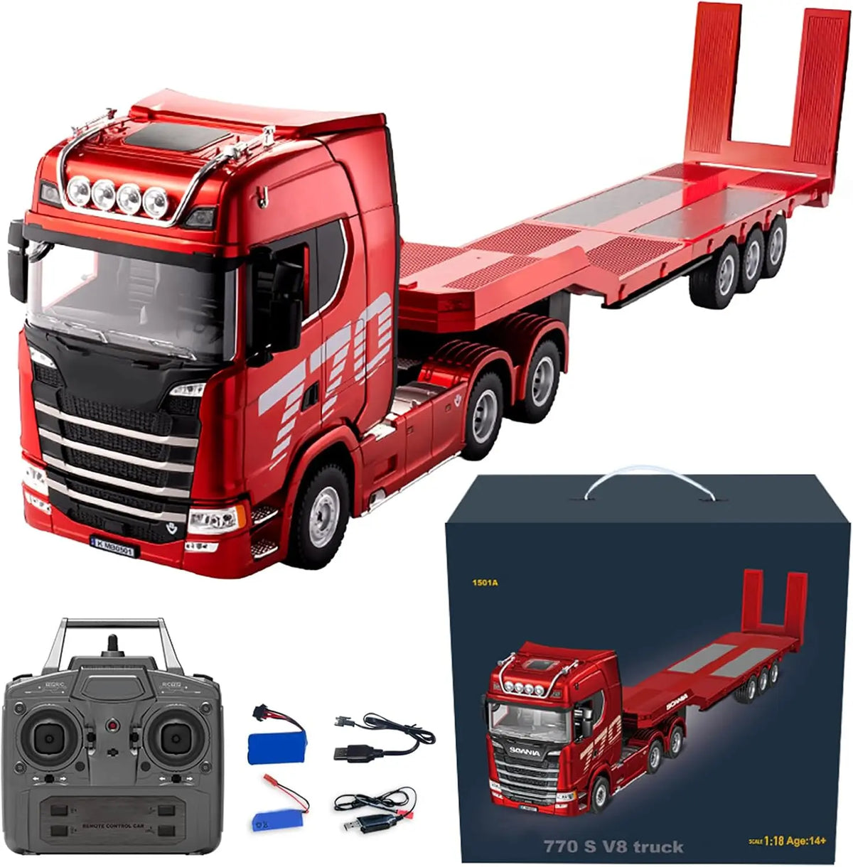 19Channels 770S Hobby RC Tractor Truck & Plastic Semi Trailer Flatbed Toys 1/18 Scale Light Sound Effects Remote Control Lorry C
