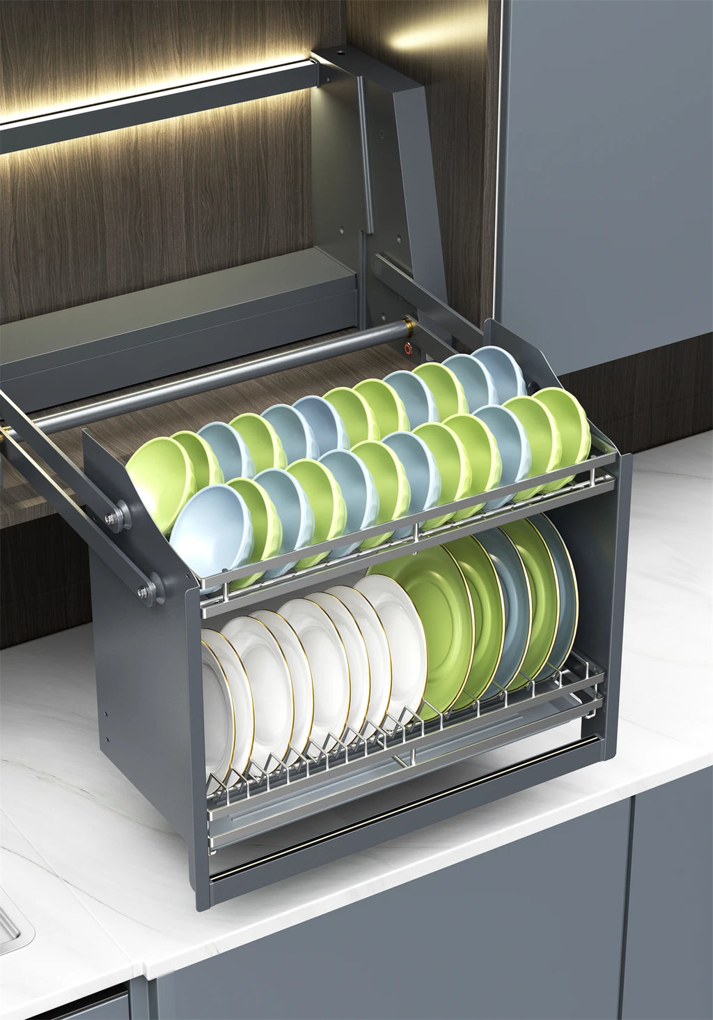 Smart Dish Rack Touch Switch Pull Down Shelf Electric Upper Cabinet Organizer LED Anti-Collision Quiet Kitchen Storage