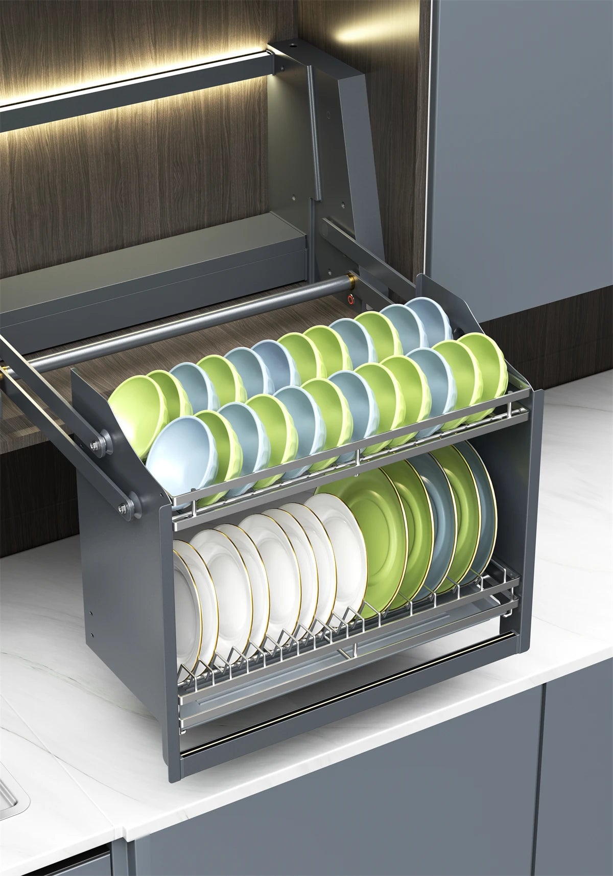 Smart Dish Rack Touch Switch Pull Down Shelf Electric Upper Cabinet Organizer LED Anti-Collision Quiet Kitchen Storage