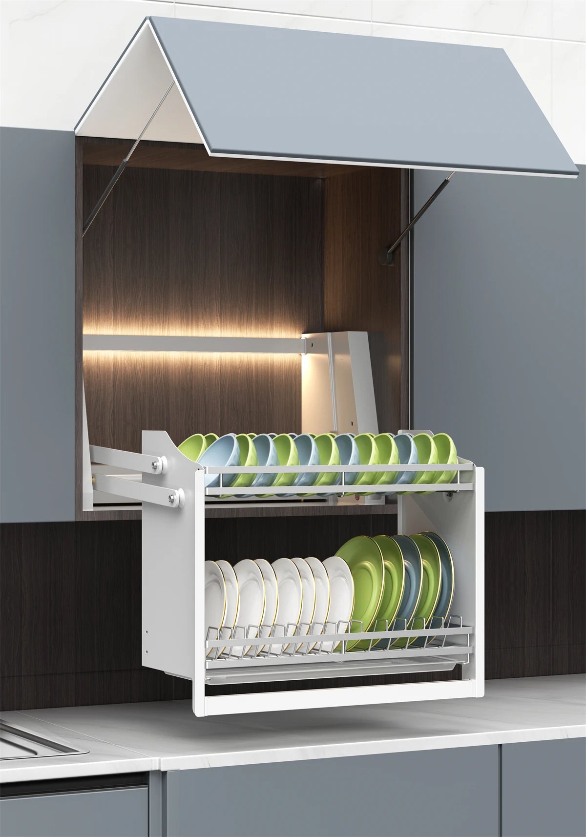 Smart Dish Rack Touch Switch Pull Down Shelf Electric Upper Cabinet Organizer LED Anti-Collision Quiet Kitchen Storage