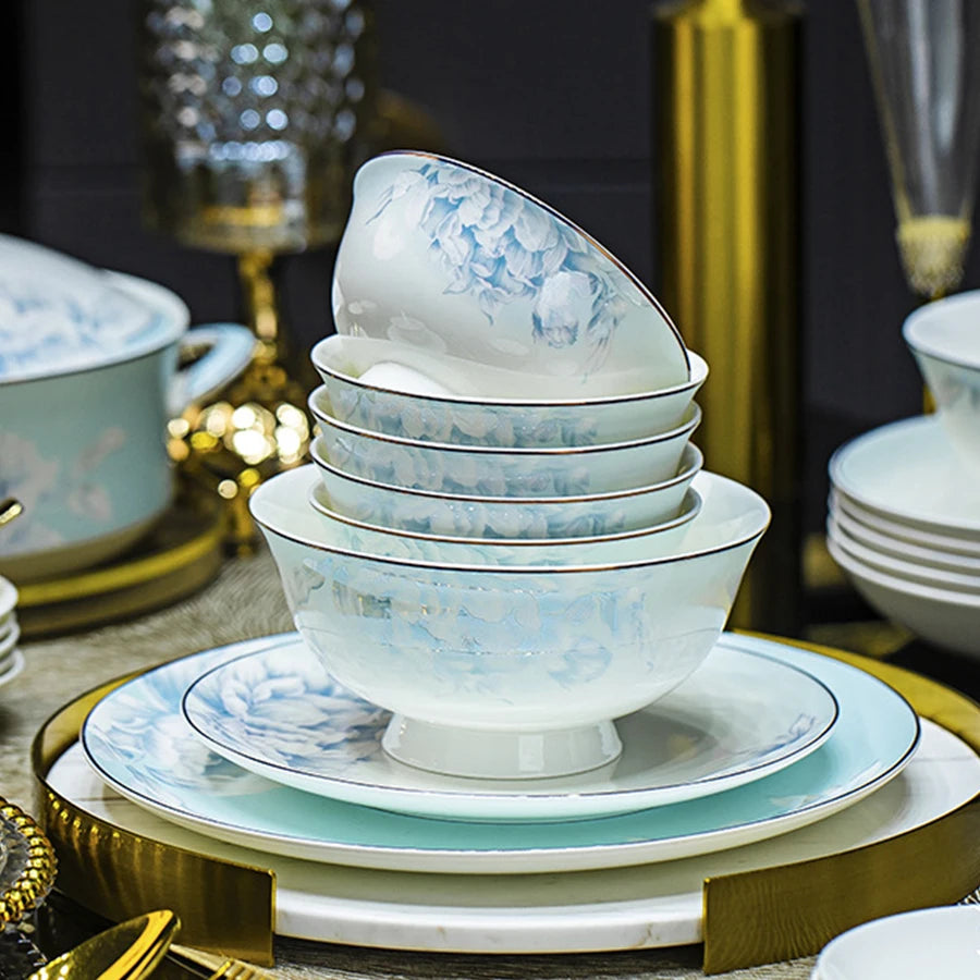 Jingdezhen Bone China Rice Bowl, Plate Spoon Dinnerware Set Light luxury Food Plate Chinese Restaurant Complete set of Tableware