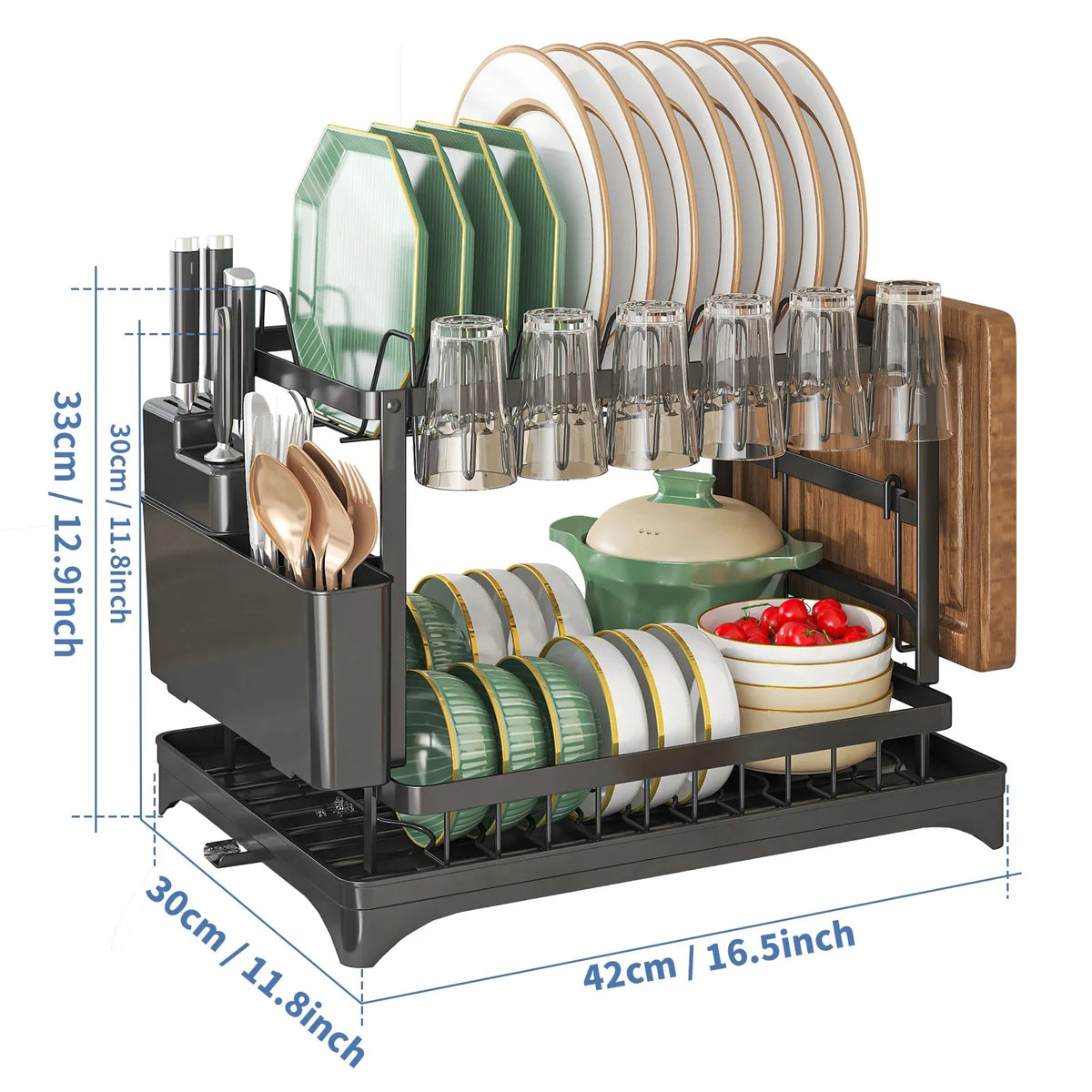 2 Tier Dish Drying Rack Kitchen Bowl Drainer Storage Rack Tableware Drain Chopsticks Knife Fork Water Cup Storage Holder 2 Tier