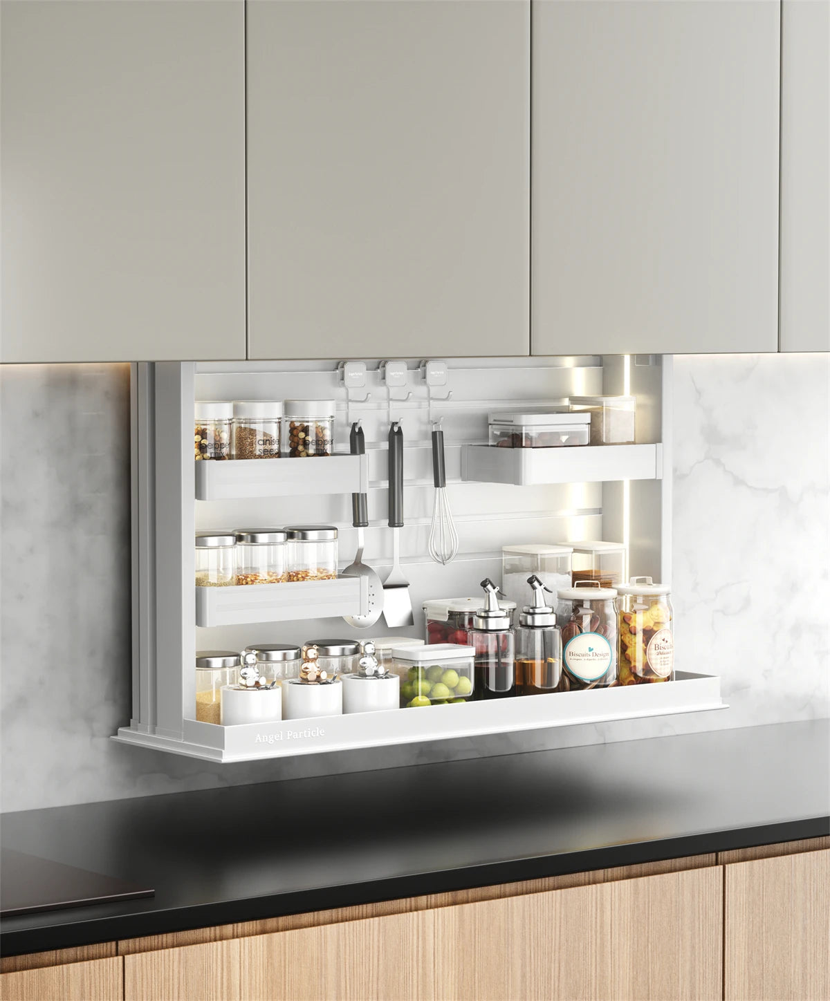 Electric Pull Down Cabinet Organizer Smart Lifting Spice Rack with Sensor Light Anti-Collision for Kitchen Upper Cabinet Storage
