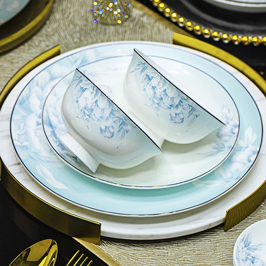 Jingdezhen Bone China Rice Bowl, Plate Spoon Dinnerware Set Light luxury Food Plate Chinese Restaurant Complete set of Tableware