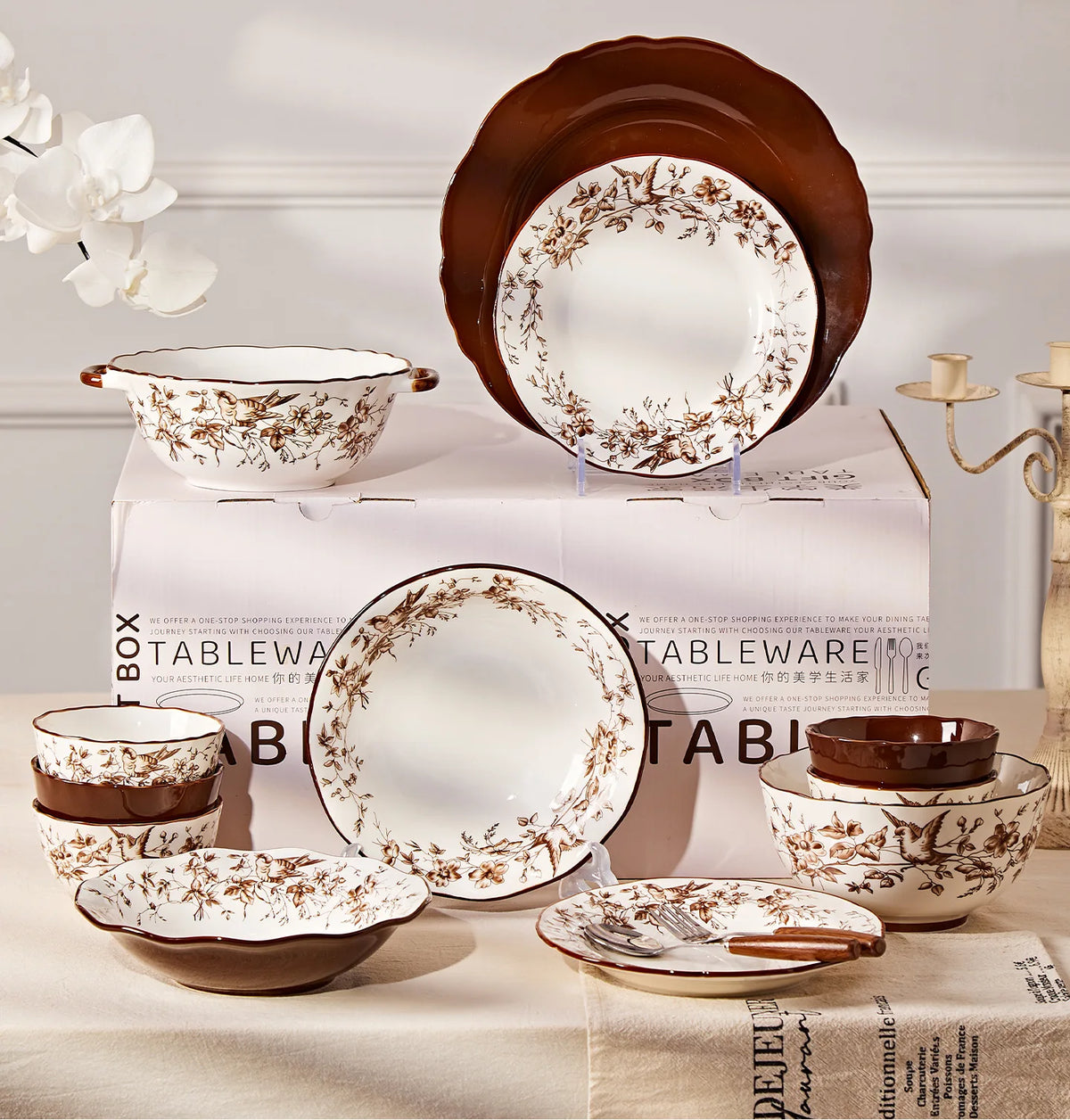 Retro Rose Household Anti-Slip full travel dish set is very luxurious luxury bowl kitchen dinner sets ceramic plates porcelain