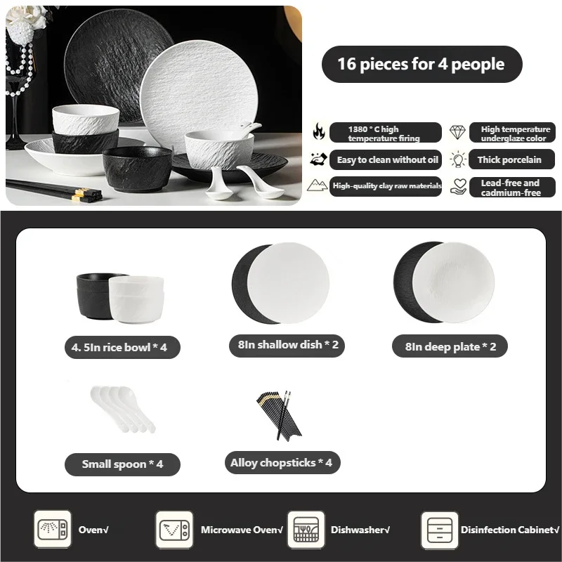 Tableware Set Black And White Rock Slab 8/16/34/55pcs Ceramics Dish Sets Full Set Luxury Dinnerware Set For 2/4/6/8/10 Persons