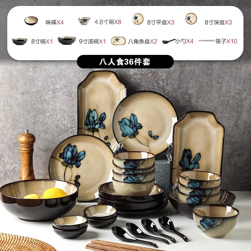 Japanese-style Tableware Set Moving House Creative Retro Bowl And Plate Tableware Set Home Use Plate Bowl And Chopsticks Set