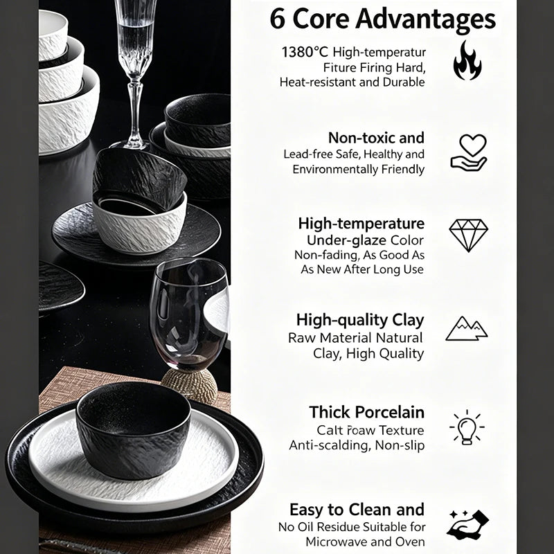 Tableware Set Black And White Rock Slab 8/16/34/55pcs Ceramics Dish Sets Full Set Luxury Dinnerware Set For 2/4/6/8/10 Persons
