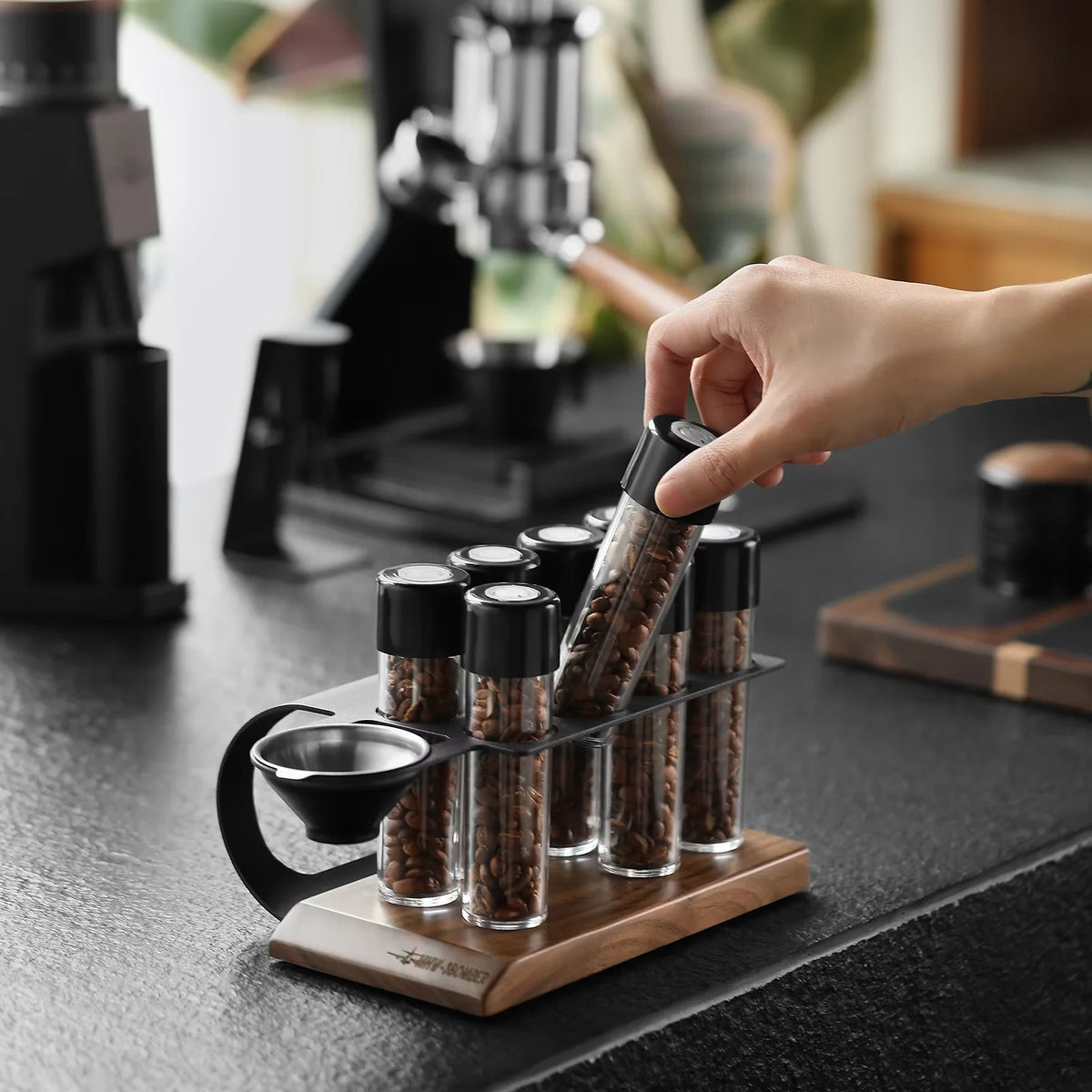 MHW-3BOMBER Coffee Bean Cellars Tubes Single Dose Coffee Bean Storage with 8 Tubes with Exhaust Valve Shelf & Funnel Cafe Tools