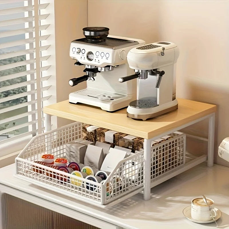 Modern kitchen microwave rack storage rack - sturdy solid wood and metal structure, space-saving countertop storage rack