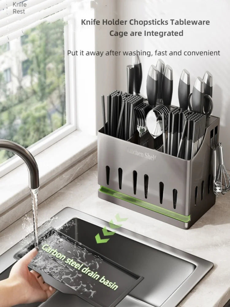 Cream Style Stainless Steel Kitchen Draining Rack, Wall Mounted Integrated Tableware Cage, Multifunctional Knife Chopsticks Stor