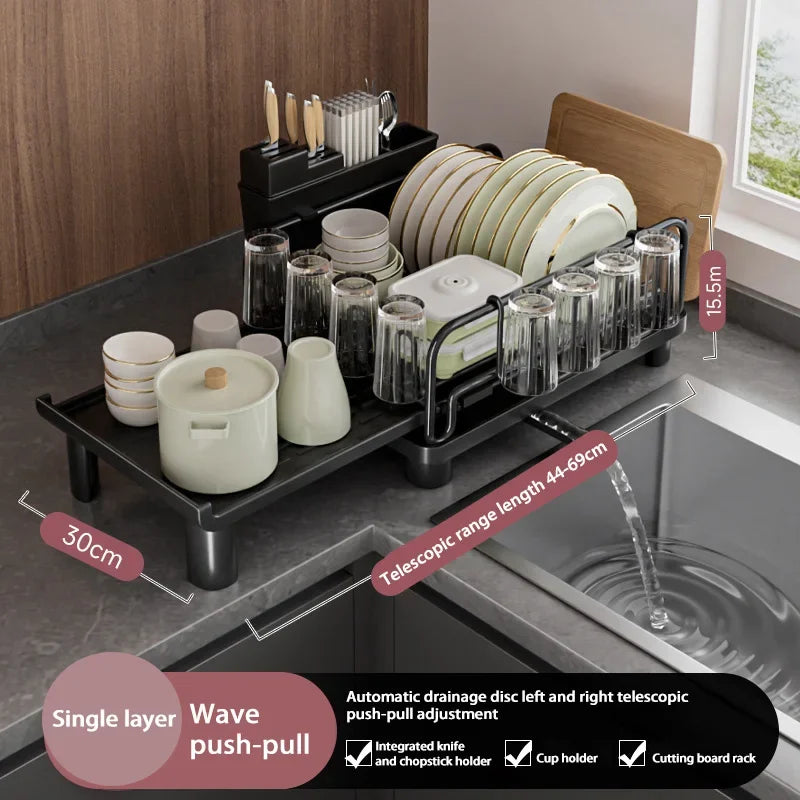 Retractable Dish Drainer Kitchen Storage Organization Sink Dish Rack with Tray Plate Bowl Cup Kitchenware Tableware Drainer Rack