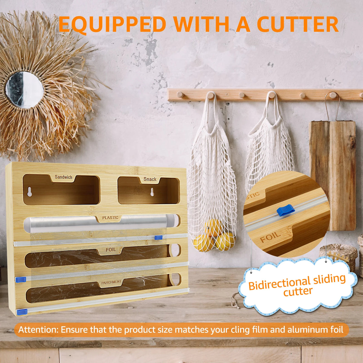 5 in 1 Plastic Wrap Dispenser Cling Film Box Cutter Kitchen Food Bamboo Fresh Bag Aluminum Foil Film Dispenser Storage Holder