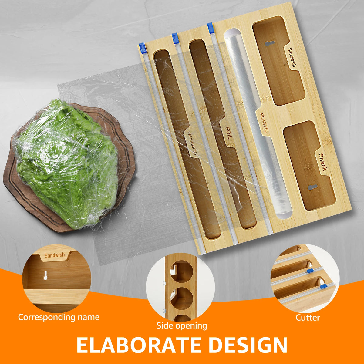 5 in 1 Plastic Wrap Dispenser Cling Film Box Cutter Kitchen Food Bamboo Fresh Bag Aluminum Foil Film Dispenser Storage Holder