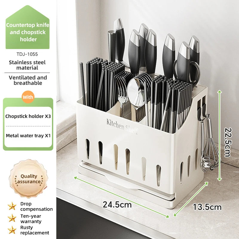 Cream Style Stainless Steel Kitchen Draining Rack, Wall Mounted Integrated Tableware Cage, Multifunctional Knife Chopsticks Stor