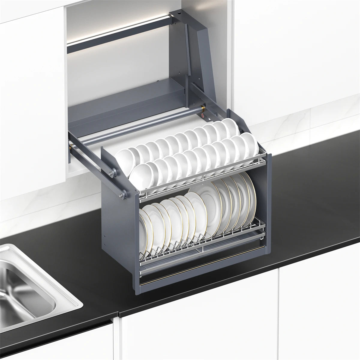 Smart Dish Rack Touch Switch Pull Down Shelf Electric Upper Cabinet Organizer LED Anti-Collision Quiet Kitchen Storage