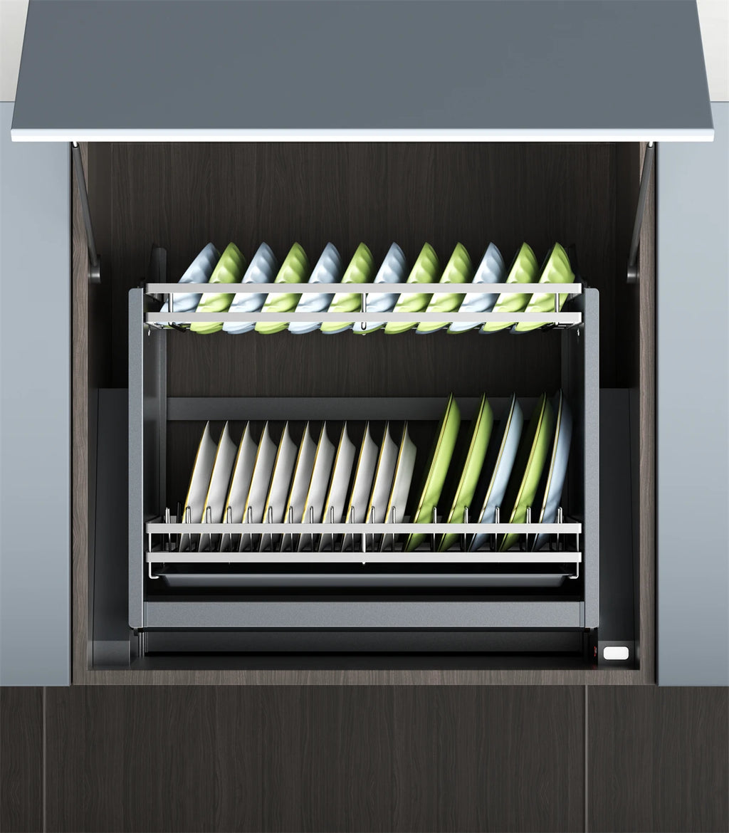 Smart Dish Rack Touch Switch Pull Down Shelf Electric Upper Cabinet Organizer LED Anti-Collision Quiet Kitchen Storage