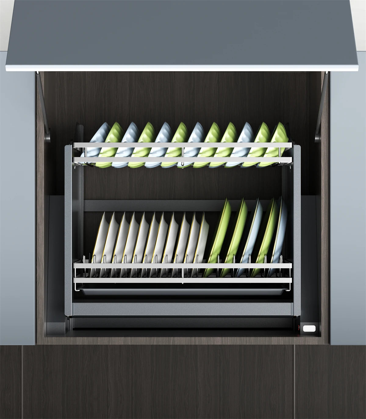 Smart Dish Rack Touch Switch Pull Down Shelf Electric Upper Cabinet Organizer LED Anti-Collision Quiet Kitchen Storage