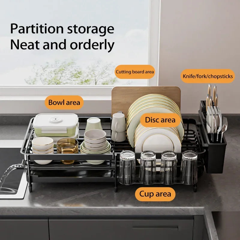 Retractable Dish Drainer Kitchen Storage Organization Sink Dish Rack with Tray Plate Bowl Cup Kitchenware Tableware Drainer Rack