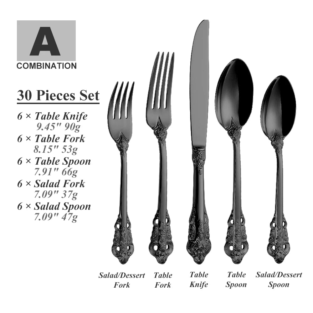 30-Pieces Royal Vintage Gold Plated Stainless Steel Cutlery Colorful Spoon Fork Knife Set Black Rose Gold Flatware Service For 6