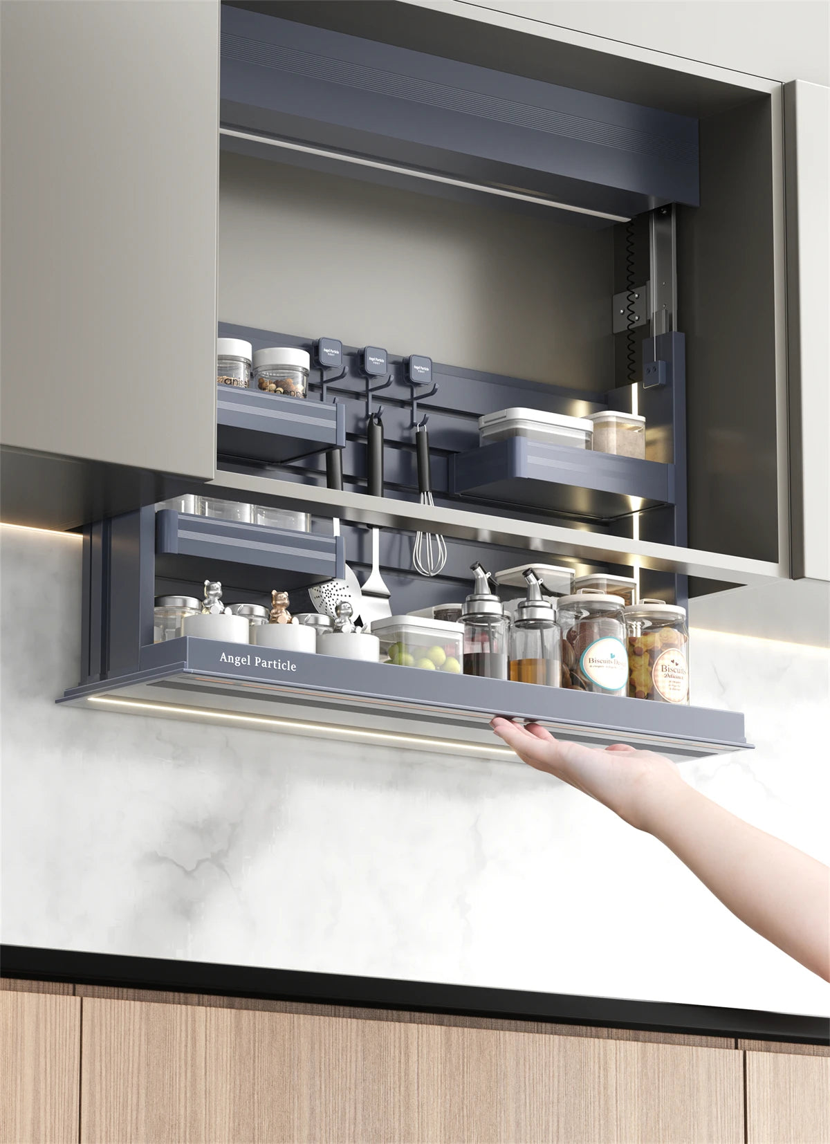 Electric Pull Down Cabinet Organizer Smart Lifting Spice Rack with Sensor Light Anti-Collision for Kitchen Upper Cabinet Storage