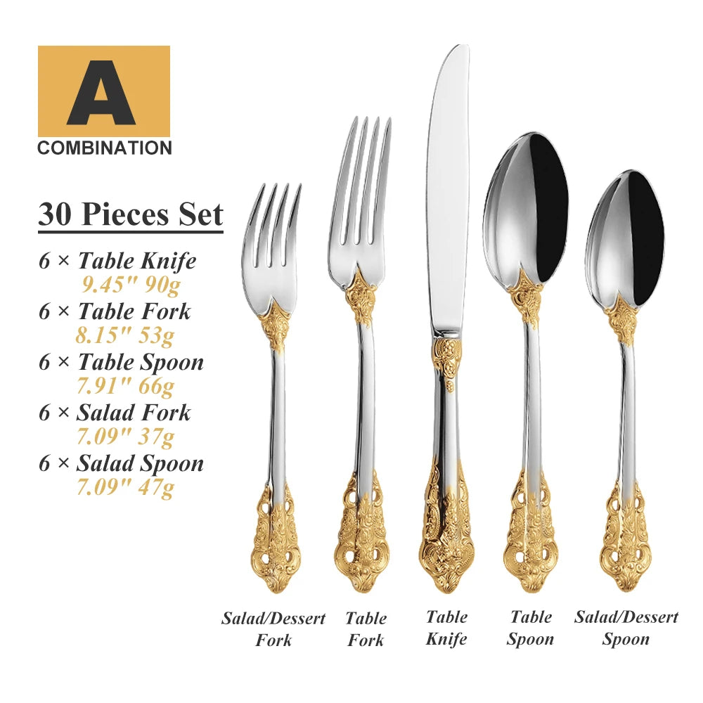 30-Pieces Royal Vintage Gold Plated Stainless Steel Cutlery Colorful Spoon Fork Knife Set Black Rose Gold Flatware Service For 6