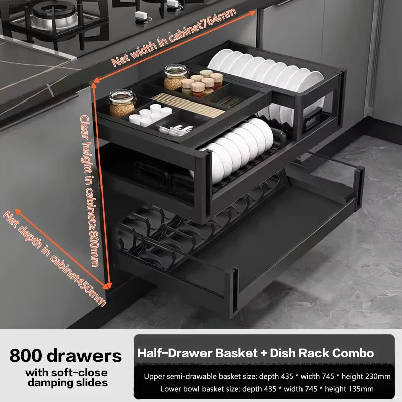 Pull-Out Basket Kitchen Cabinet Double-Layer Pull-Out Space Aluminum Alloy Drawer To Store Seasoning Kitchen Cabinet Bowl Basket