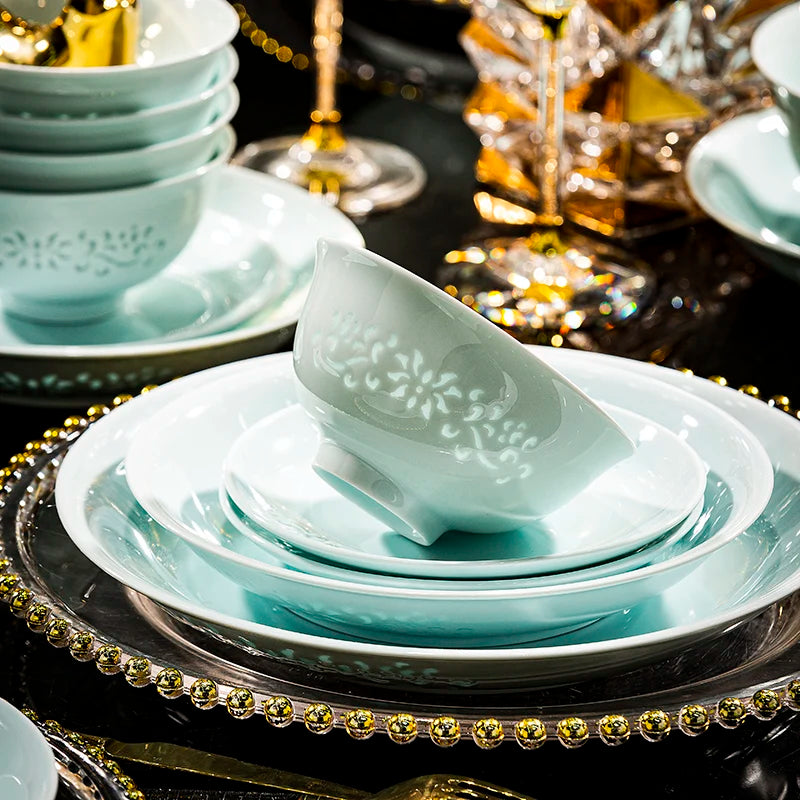 Jingdezhen Ceramic Tableware Set Underglaze Colourful Delicate Bowl Plate Tableware Set Home Use Moving Gift High-end New Style