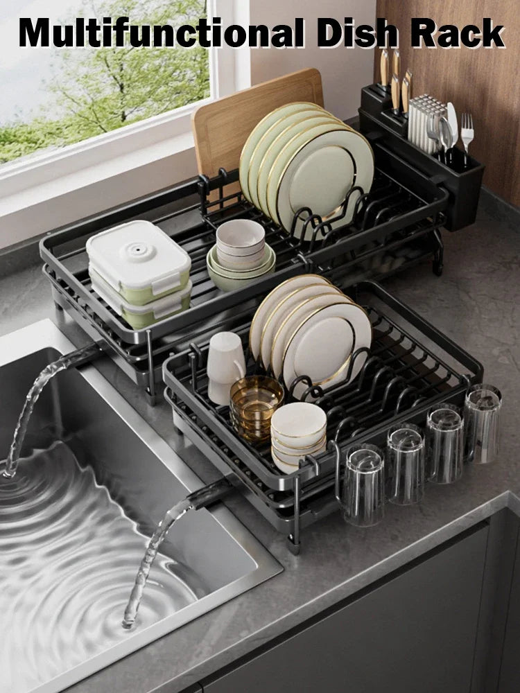 Retractable Dish Drainer Kitchen Storage Organization Sink Dish Rack with Tray Plate Bowl Cup Kitchenware Tableware Drainer Rack