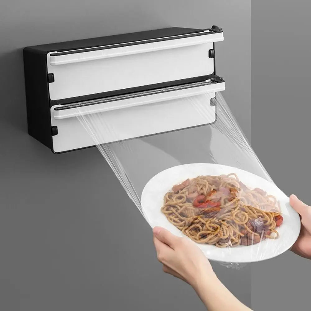 2 in 1 Food Film Dispenser Cutter Refillable Safety Cling Film Cutter Plastic Wrap Organizer Cling Film Storage Holder
