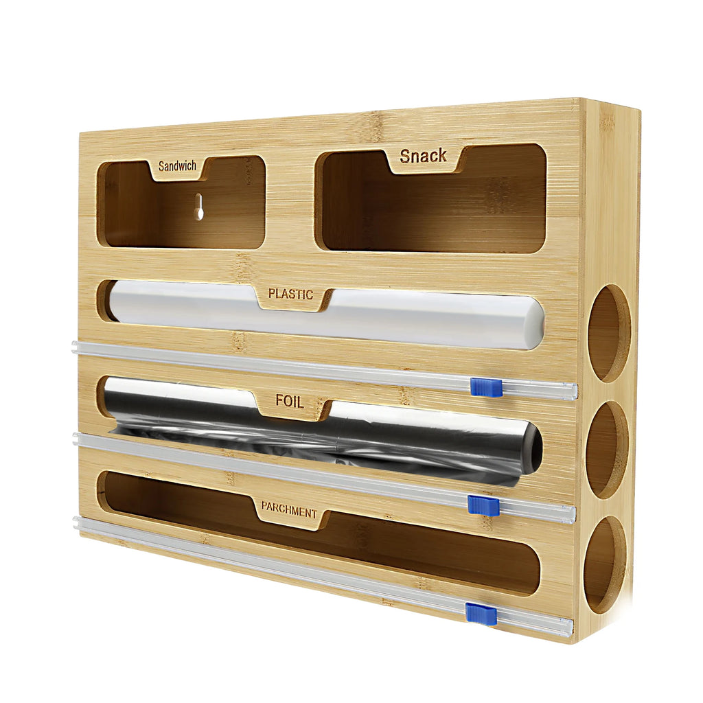 5 in 1 Plastic Wrap Dispenser Cling Film Box Cutter Kitchen Food Bamboo Fresh Bag Aluminum Foil Film Dispenser Storage Holder