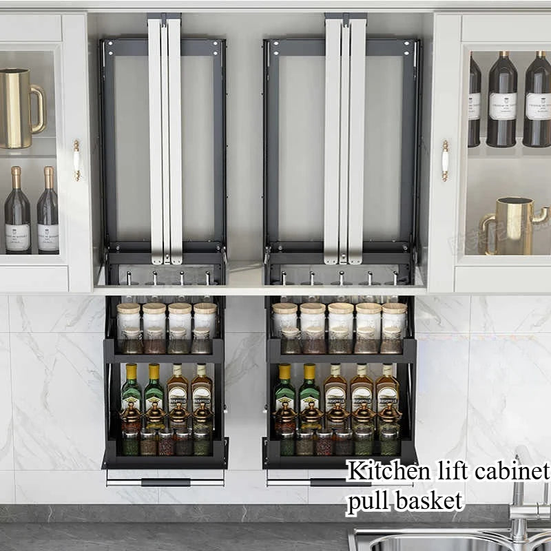 Kitchen Lift Cabinet Pull Basket Pull-down Shelving Cabinets Vertical Lifting of Seasoning Storage Rack Home Kitchen Accessories