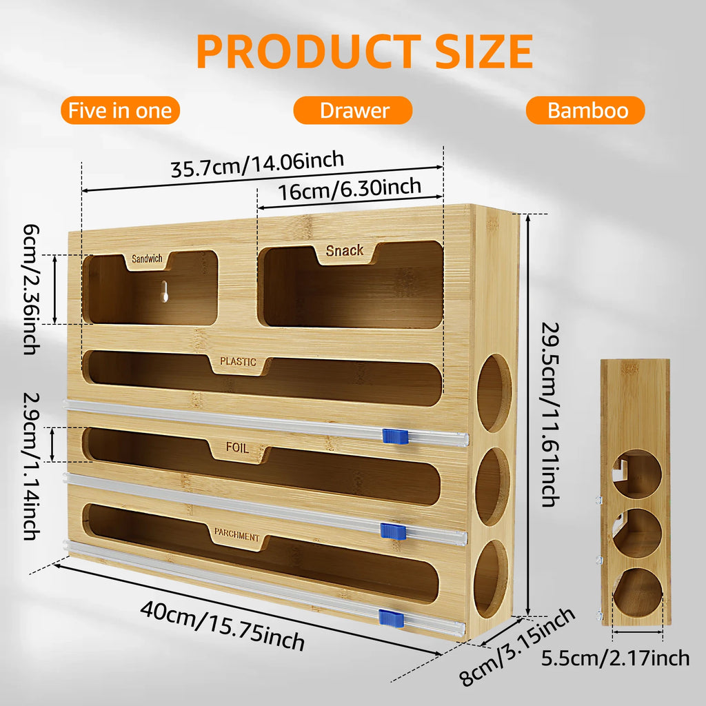 5 in 1 Plastic Wrap Dispenser Cling Film Box Cutter Kitchen Food Bamboo Fresh Bag Aluminum Foil Film Dispenser Storage Holder