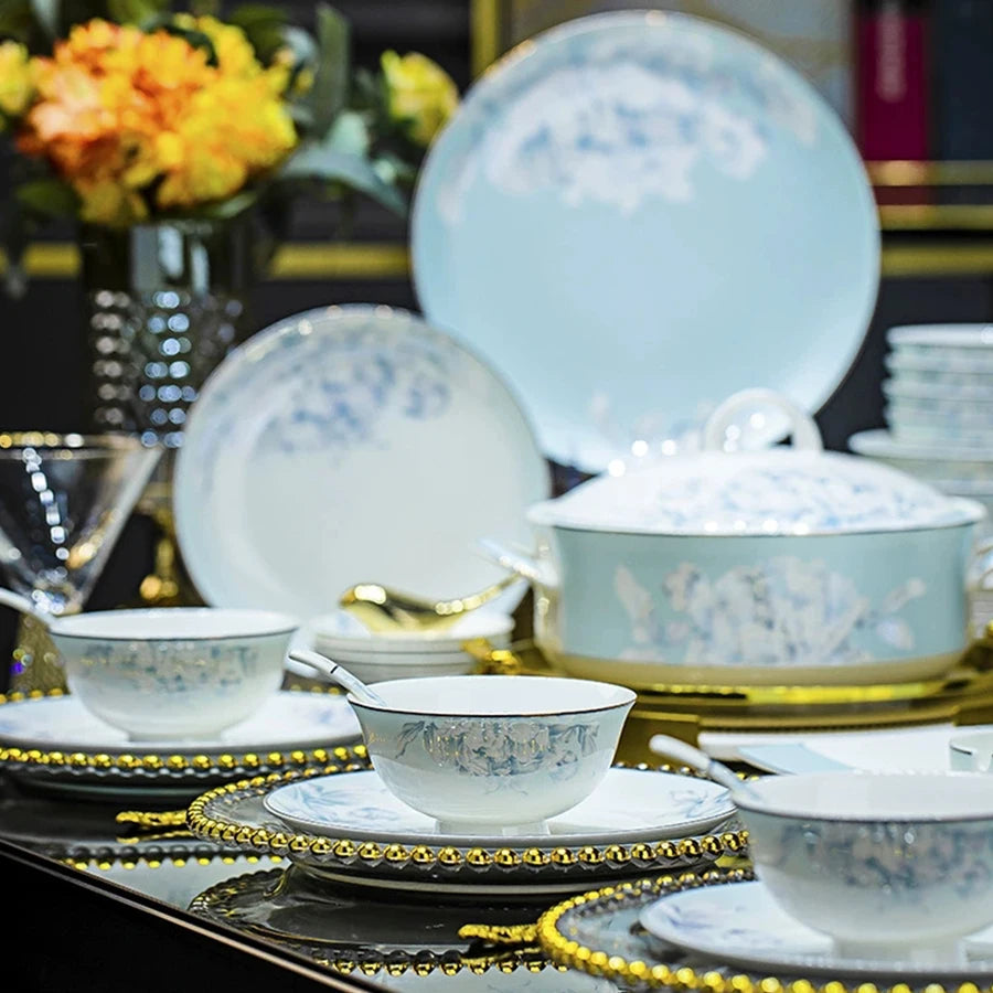 Jingdezhen Bone China Rice Bowl, Plate Spoon Dinnerware Set Light luxury Food Plate Chinese Restaurant Complete set of Tableware