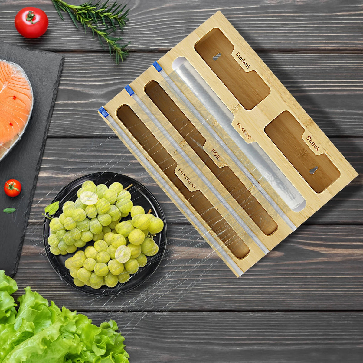 5 in 1 Plastic Wrap Dispenser Cling Film Box Cutter Kitchen Food Bamboo Fresh Bag Aluminum Foil Film Dispenser Storage Holder