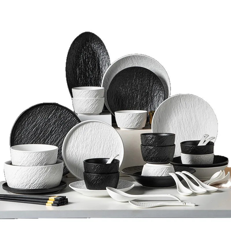 Tableware Set Black And White Rock Slab 8/16/34/55pcs Ceramics Dish Sets Full Set Luxury Dinnerware Set For 2/4/6/8/10 Persons