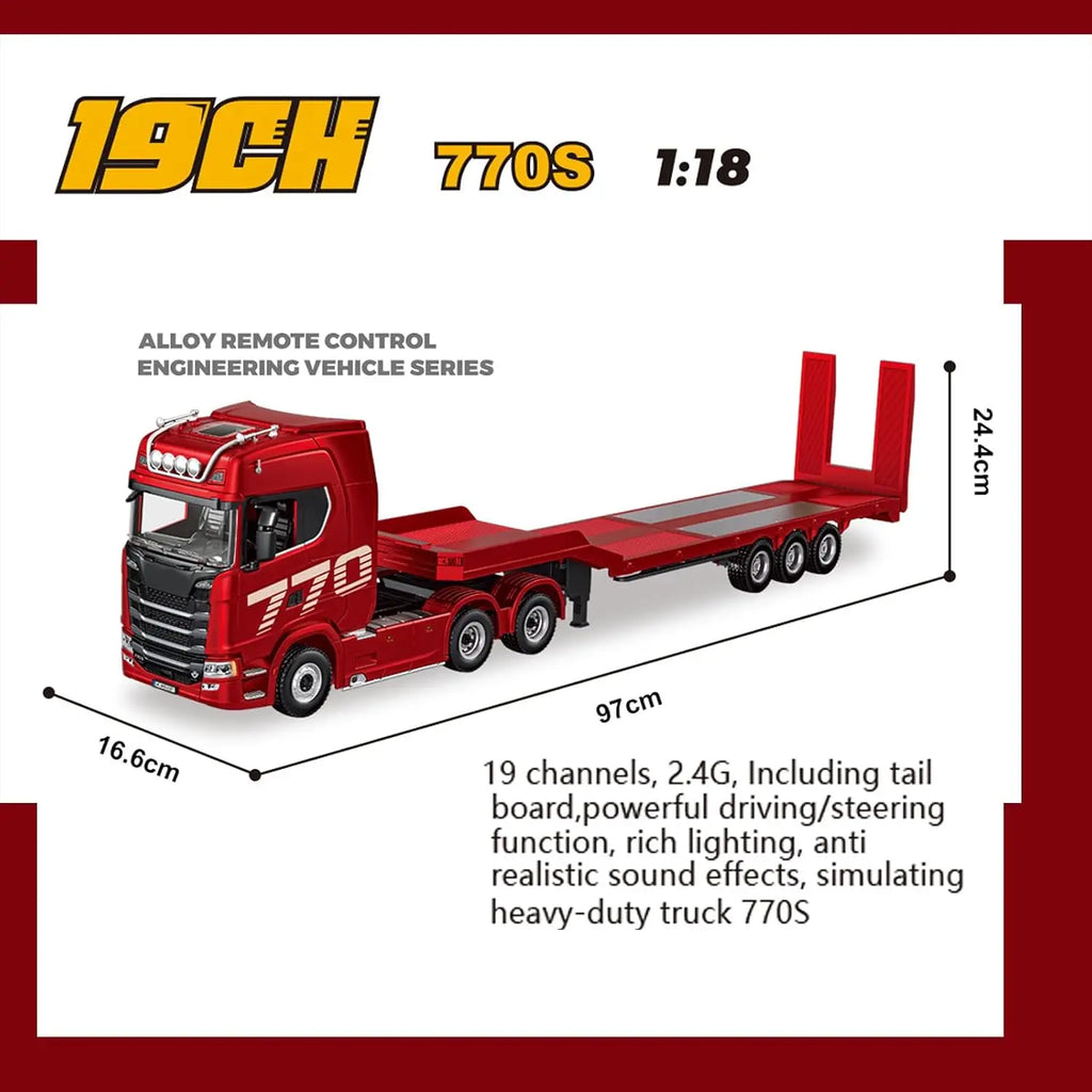 19Channels 770S Hobby RC Tractor Truck & Plastic Semi Trailer Flatbed Toys 1/18 Scale Light Sound Effects Remote Control Lorry C