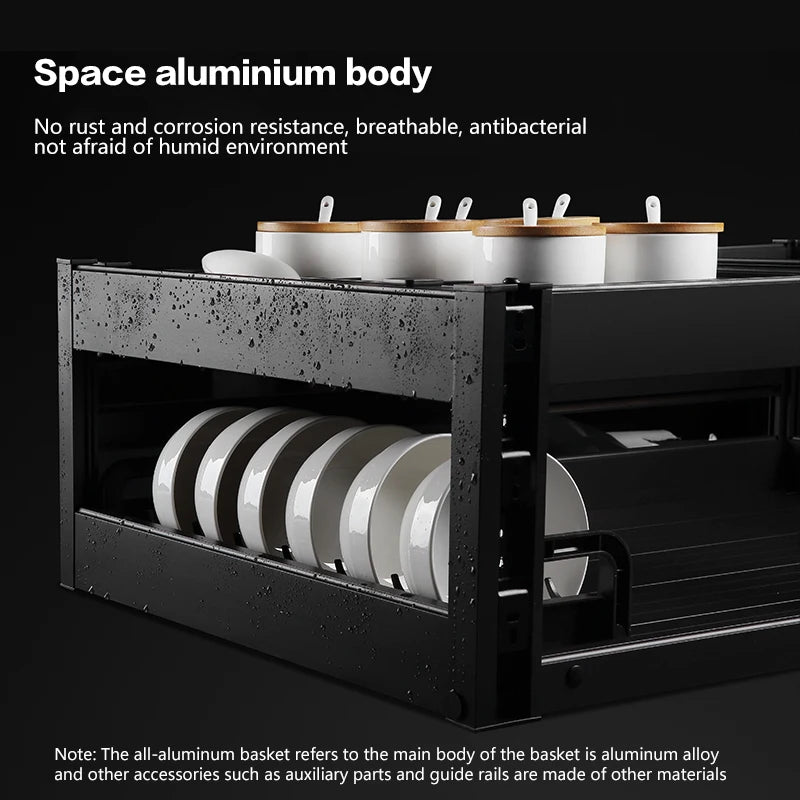 Pull-Out Basket Kitchen Cabinet Double-Layer Pull-Out Space Aluminum Alloy Drawer To Store Seasoning Kitchen Cabinet Bowl Basket