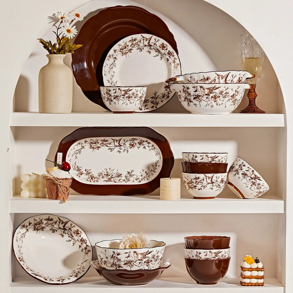 Retro Rose Household Anti-Slip full travel dish set is very luxurious luxury bowl kitchen dinner sets ceramic plates porcelain