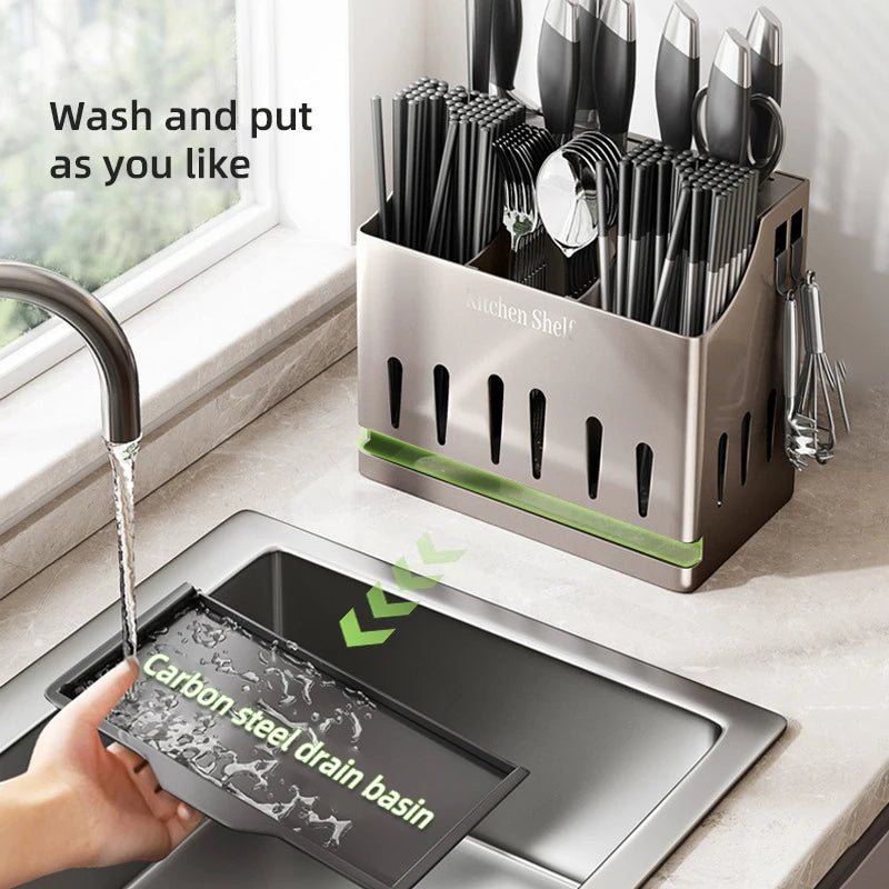 Cream Style Stainless Steel Kitchen Draining Rack, Wall Mounted Integrated Tableware Cage, Multifunctional Knife Chopsticks Stor