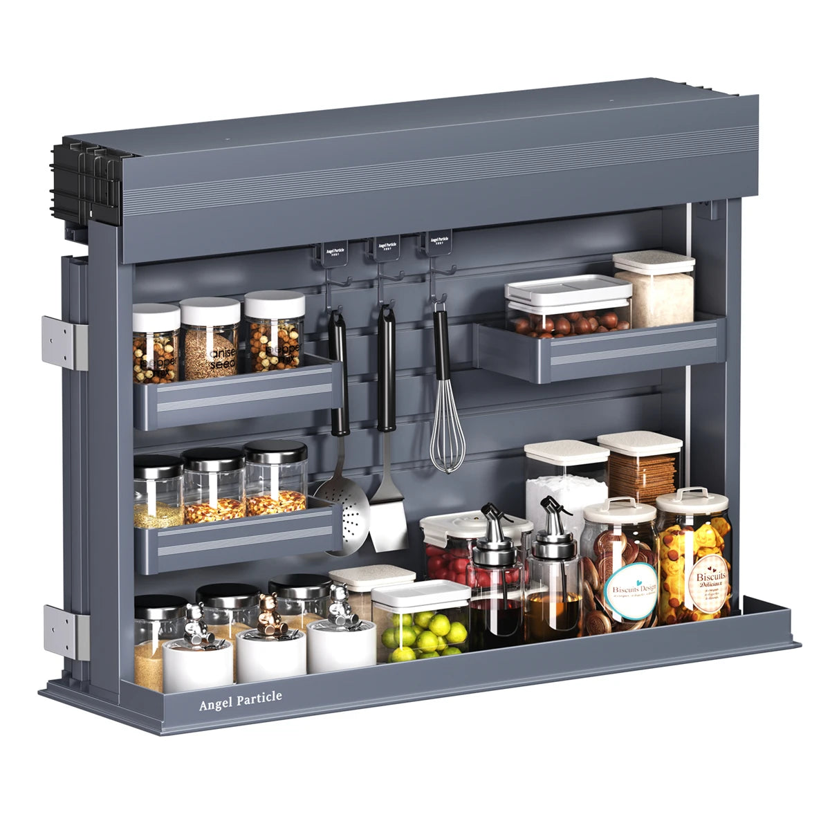 Electric Pull Down Cabinet Organizer Smart Lifting Spice Rack with Sensor Light Anti-Collision for Kitchen Upper Cabinet Storage