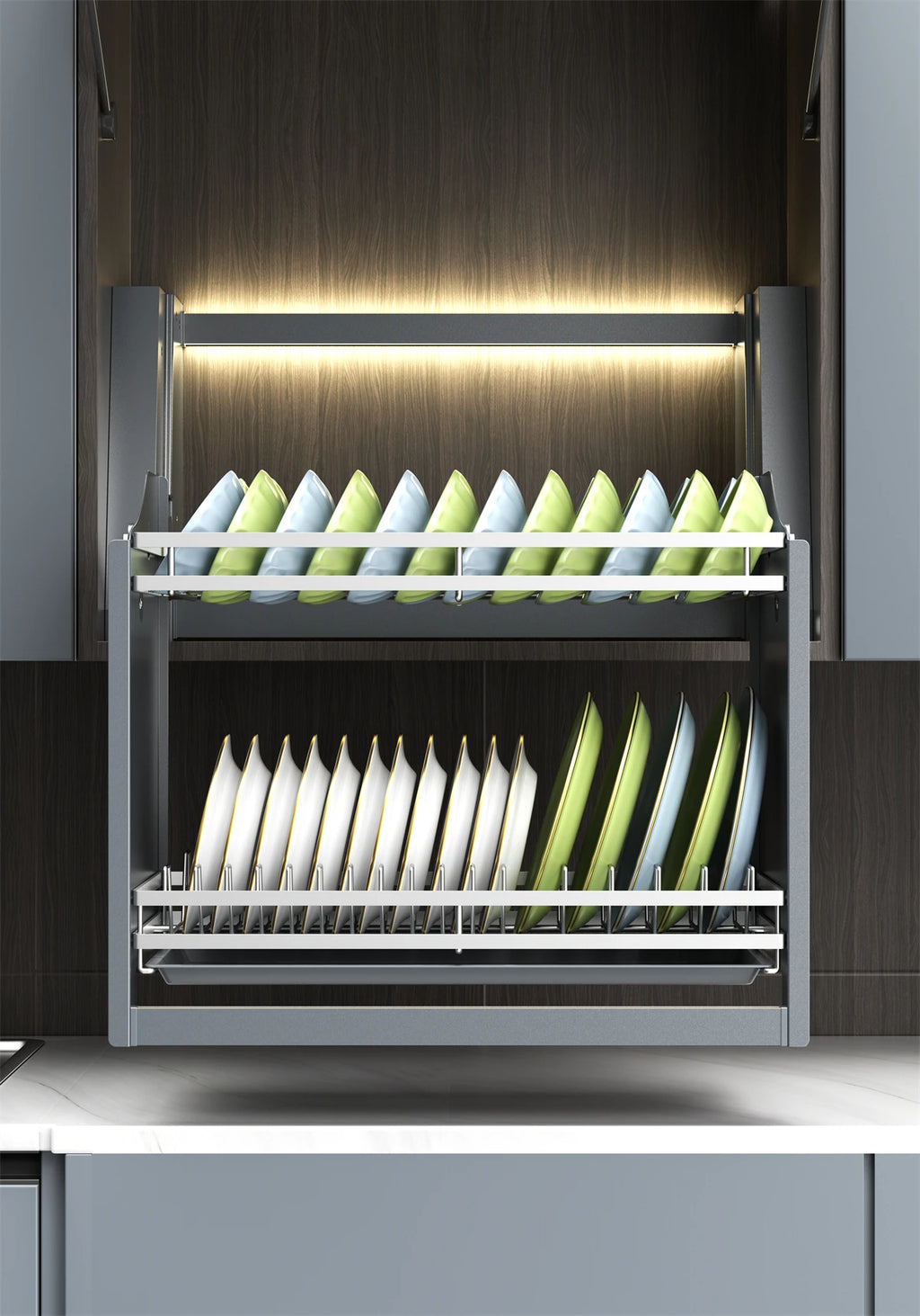 Smart Dish Rack Touch Switch Pull Down Shelf Electric Upper Cabinet Organizer LED Anti-Collision Quiet Kitchen Storage