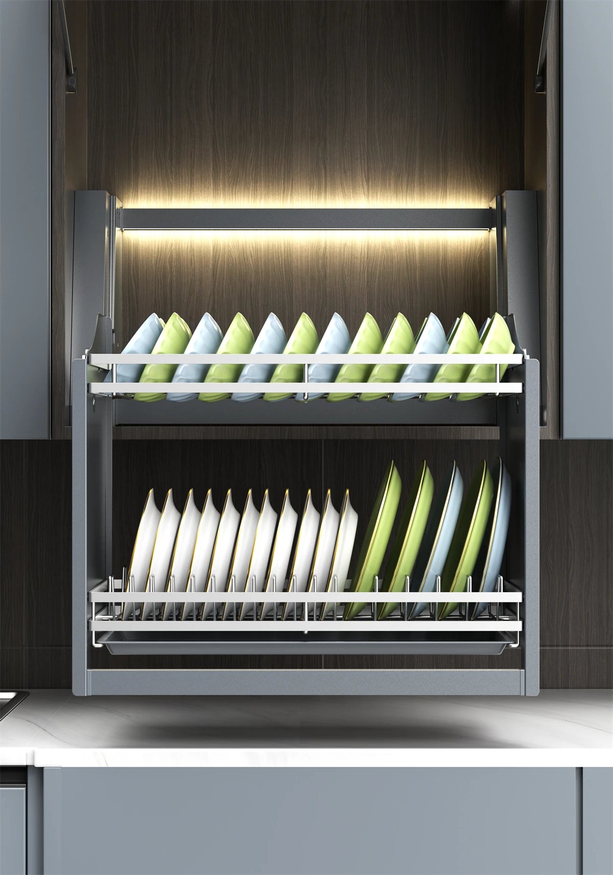 Smart Dish Rack Touch Switch Pull Down Shelf Electric Upper Cabinet Organizer LED Anti-Collision Quiet Kitchen Storage