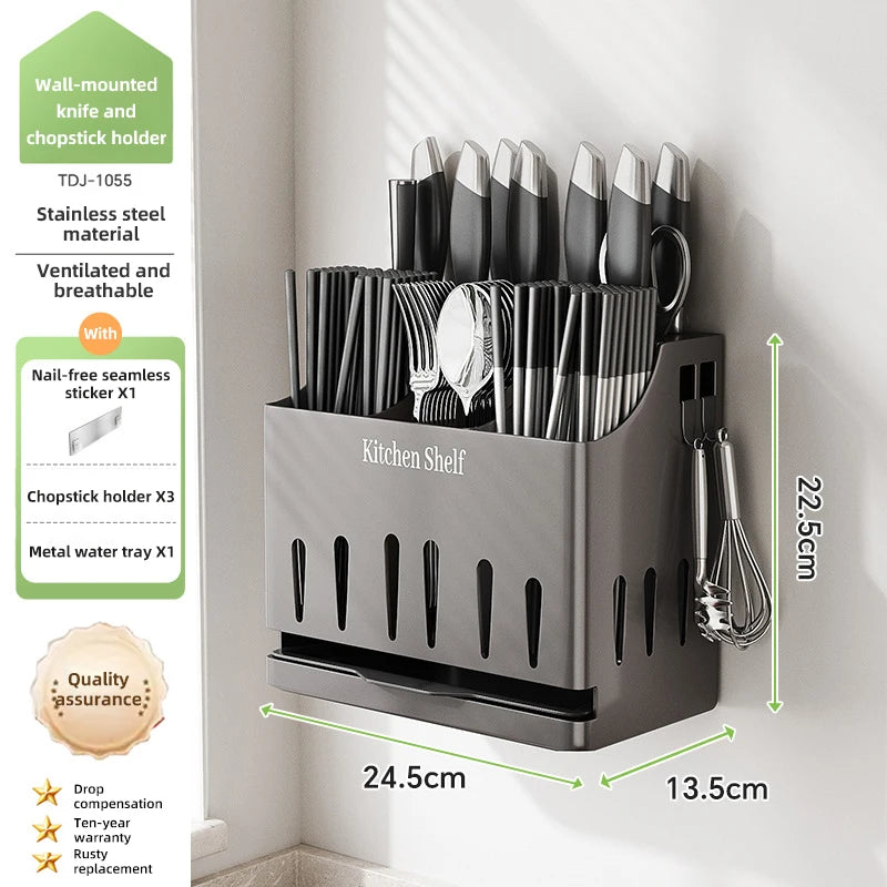 Cream Style Stainless Steel Kitchen Draining Rack, Wall Mounted Integrated Tableware Cage, Multifunctional Knife Chopsticks Stor