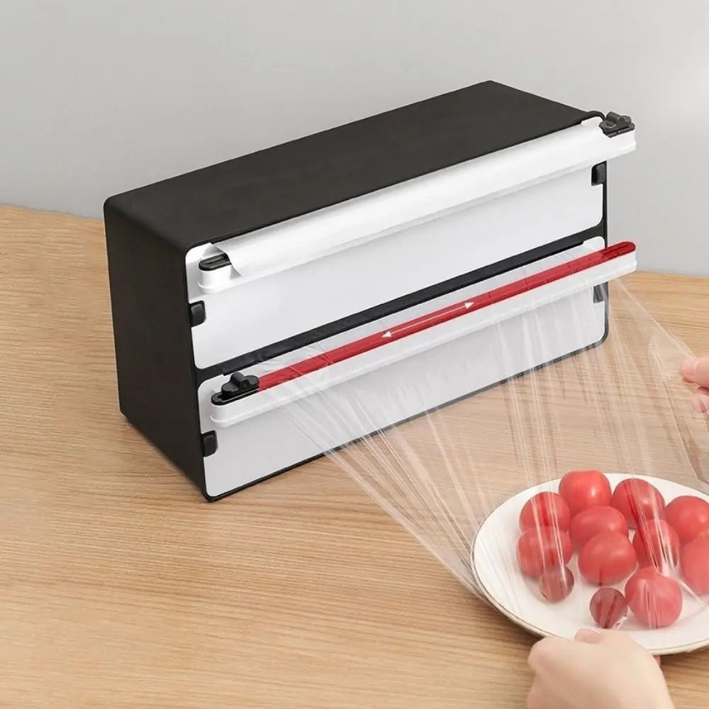 2 in 1 Food Film Dispenser Cutter Refillable Safety Cling Film Cutter Plastic Wrap Organizer Cling Film Storage Holder
